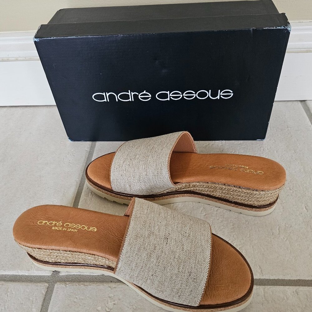 New Womens Andre Assous Nessie Jute Espadrille Wedge Shoes Beige Linen Size 7